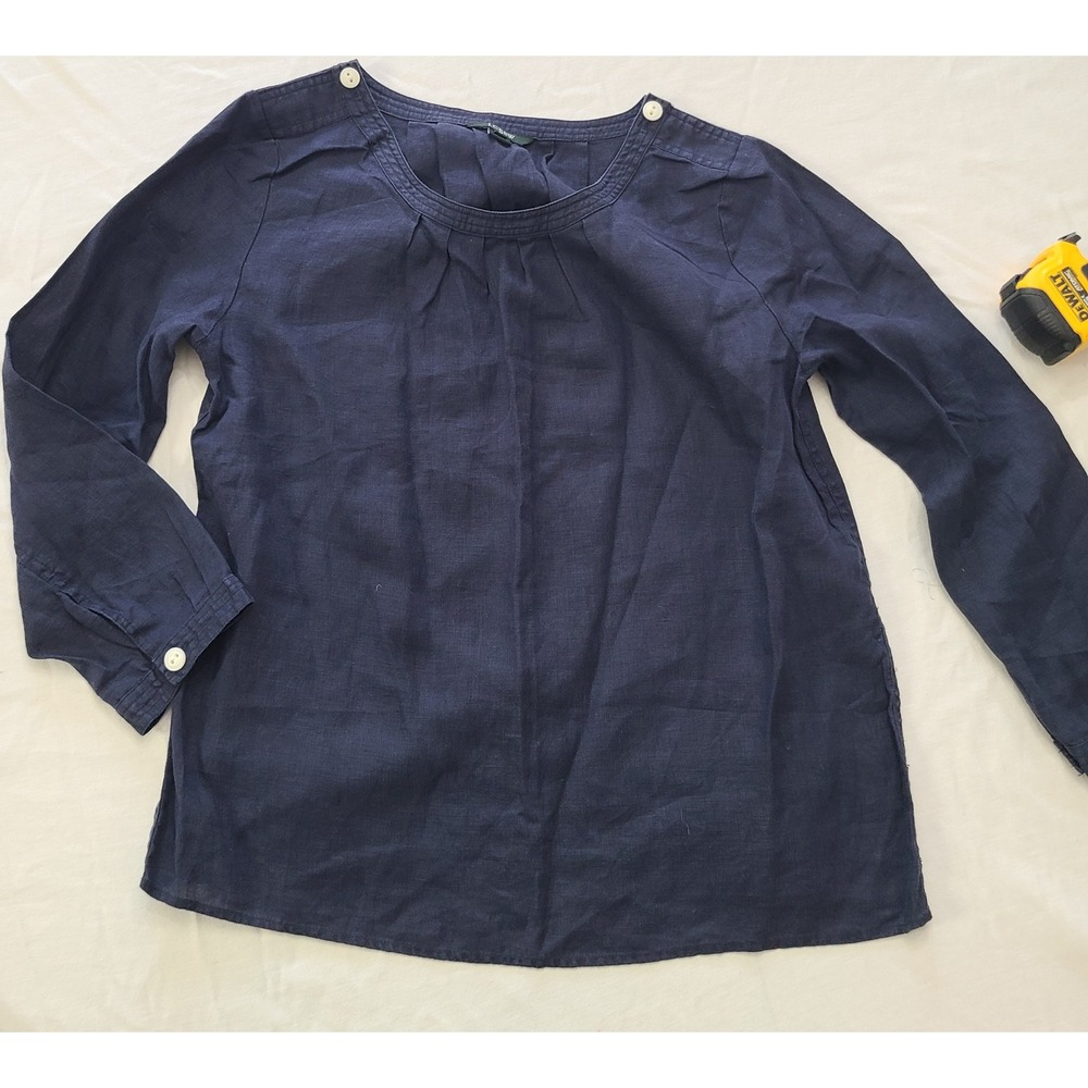 J.Crew Linen Blouse Women M Navy Blue Pleated Shoulder Button Top